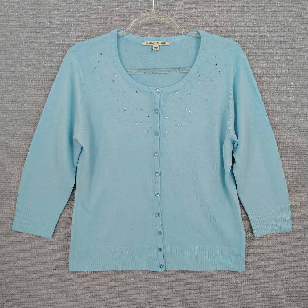 Carolyn Taylor Cardigan Sweater Women Large Blue Rhinestone 3 4 Sleeve Boho